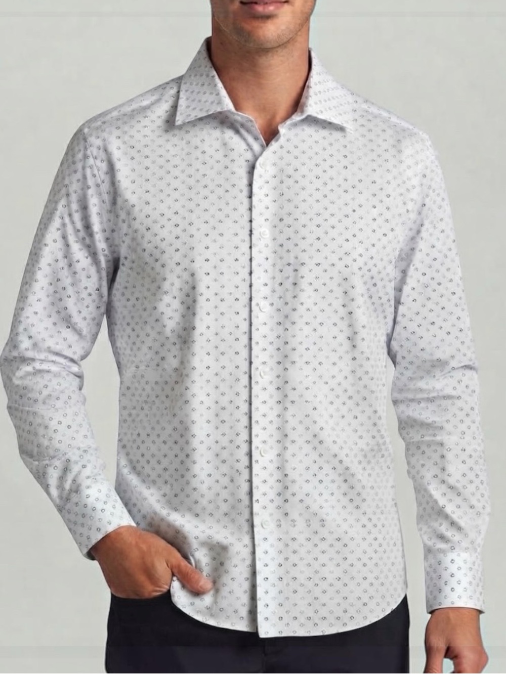 Pronto Uomo Men's Dress Shirt 15.5 34/35 White Navy Micro Print Easy Care Medium